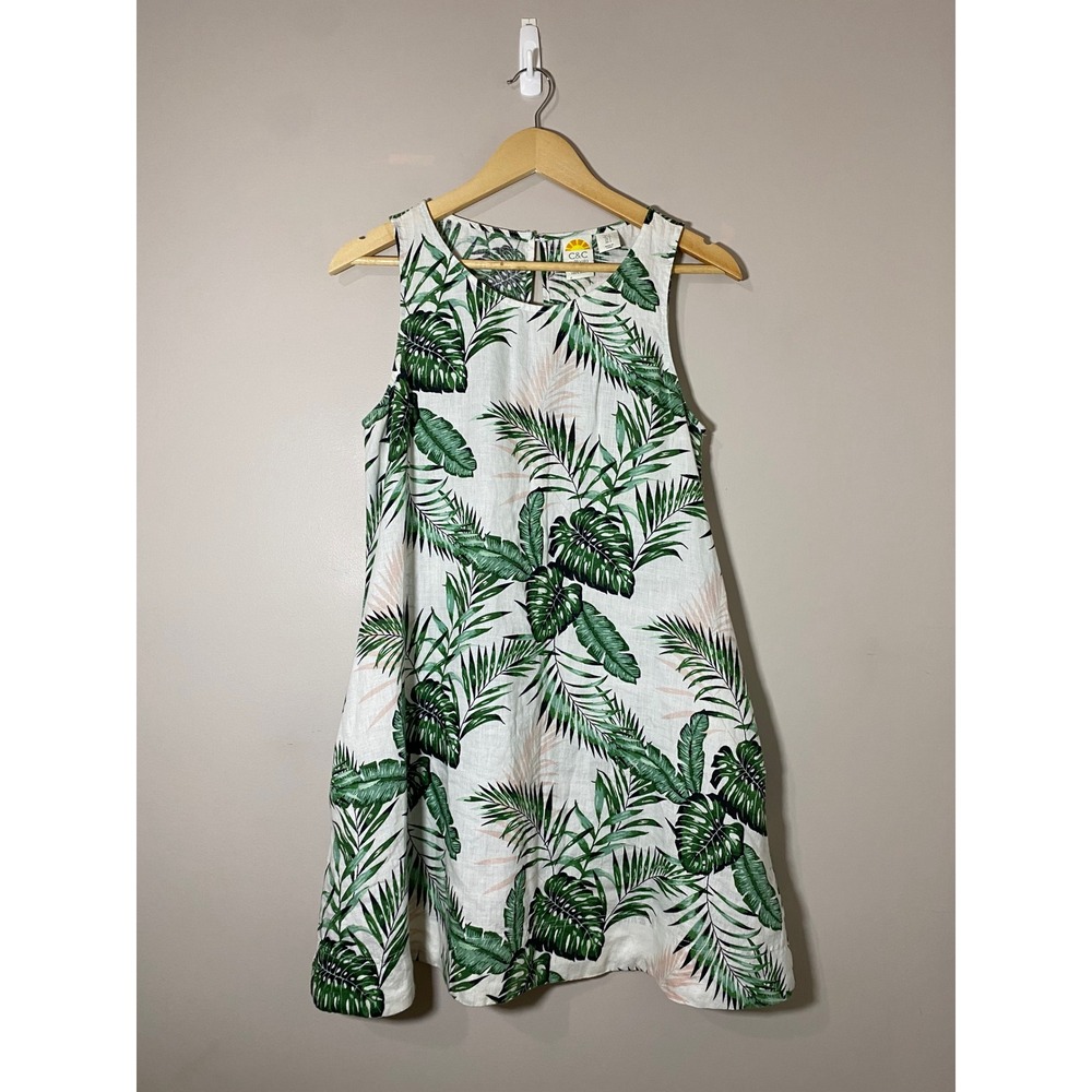 C&C California Women White Green Tropical Palm Leaf 100% Linen Shift Dress SMALL